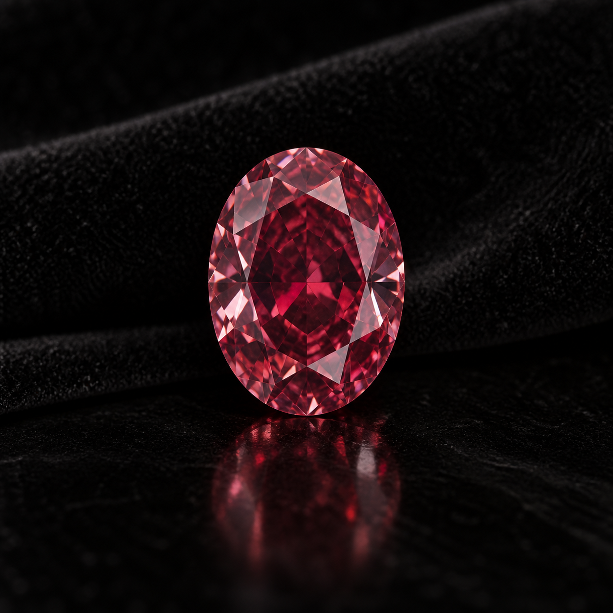 Macro portrait of the oval Fancy Purplish Red diamond documented in the De La Cour investor archive