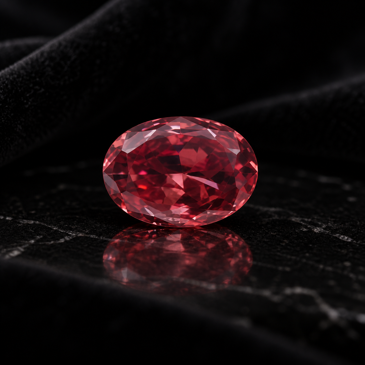 Macro portrait of the oval Fancy Red diamond documented in the De La Cour investor archive
